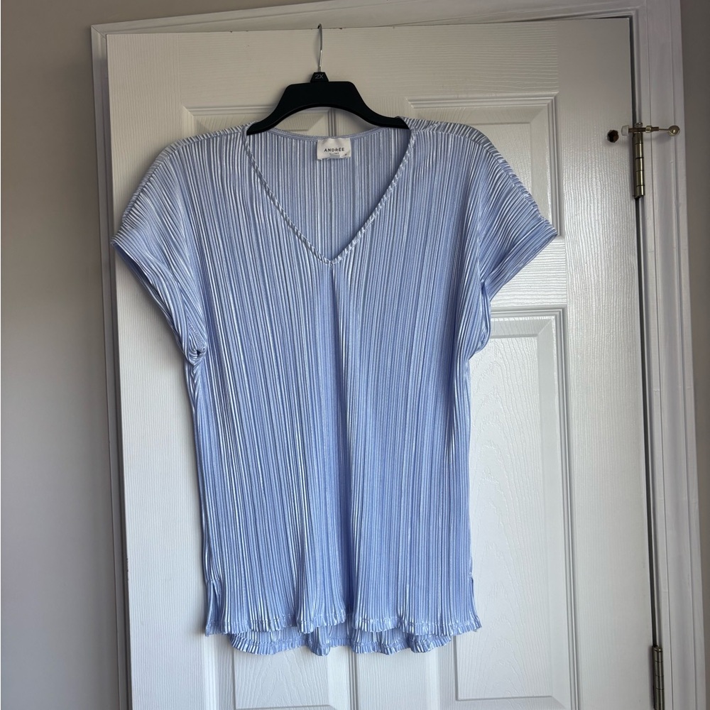 Light Blue V-Neck Pleated Women's Top